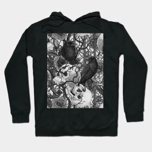 Raven's secret. Dark and moody gothic illustration with human skulls and roses, monocrome on white Hoodie